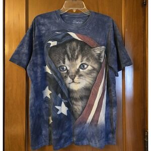 The Mountain Cat/Flag Graphic T-Shirt L Blue Tie Dye Animal Art Tee 100% Cotton